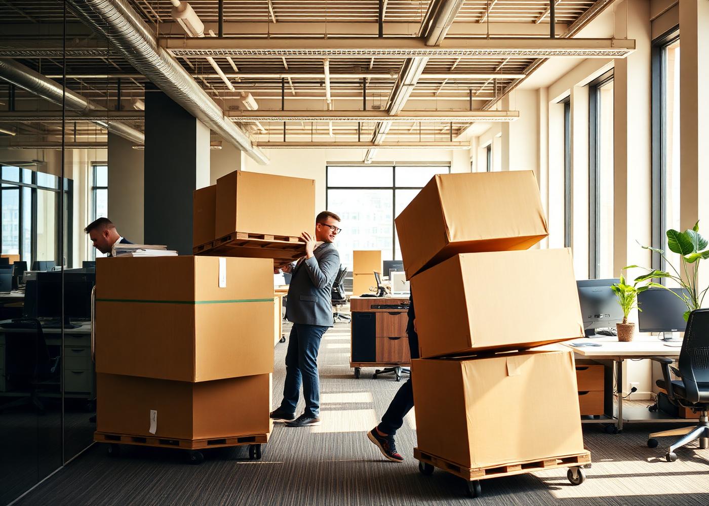 Movers relocating office furniture and crates through a workspace