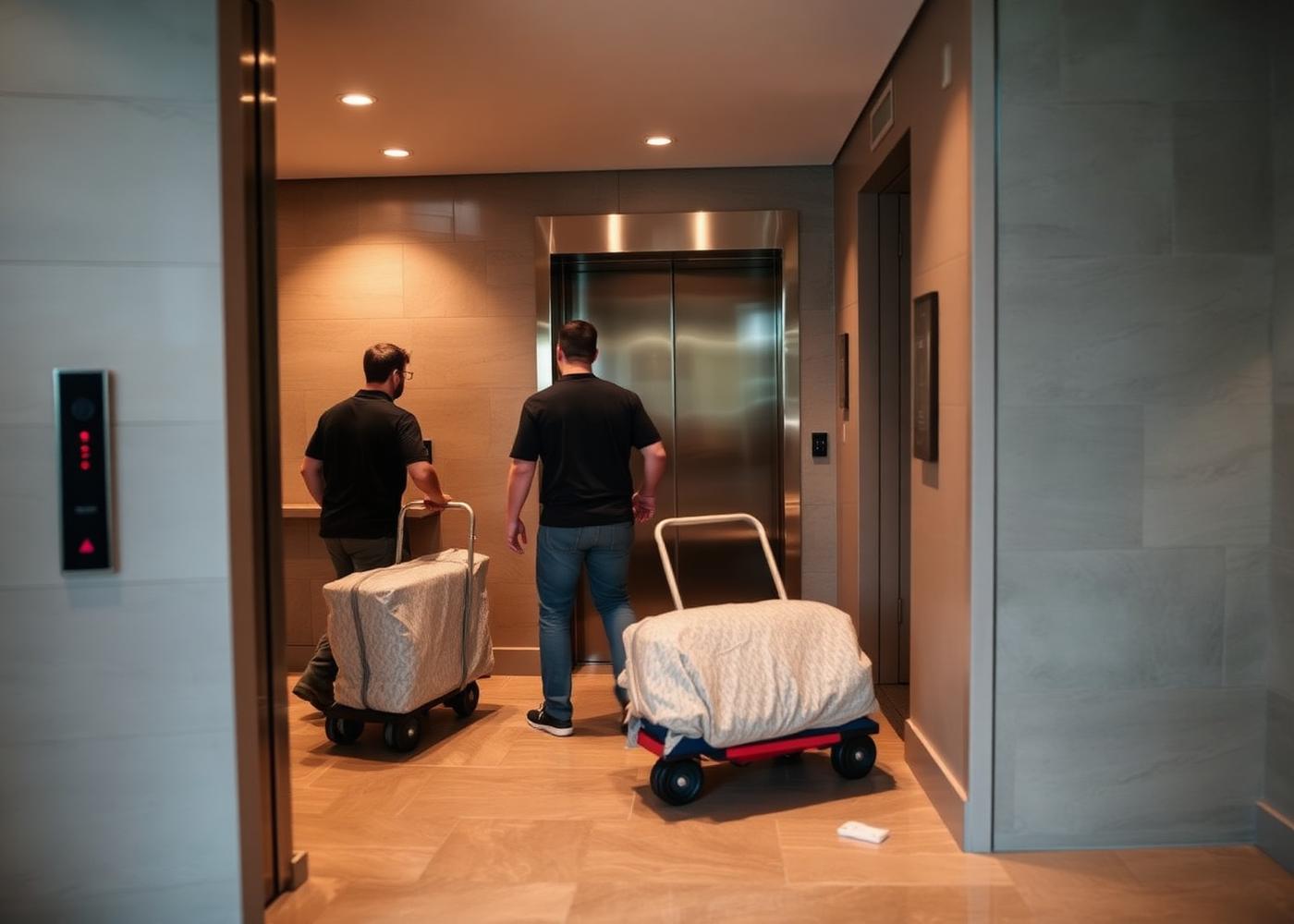 Movers wheeling protected furniture into a condominium service elevator