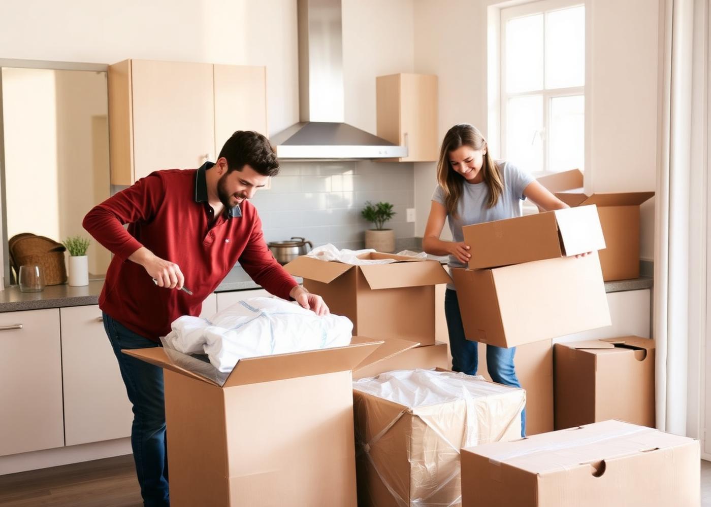 Movers wrapping and packing fragile kitchen items into cartons