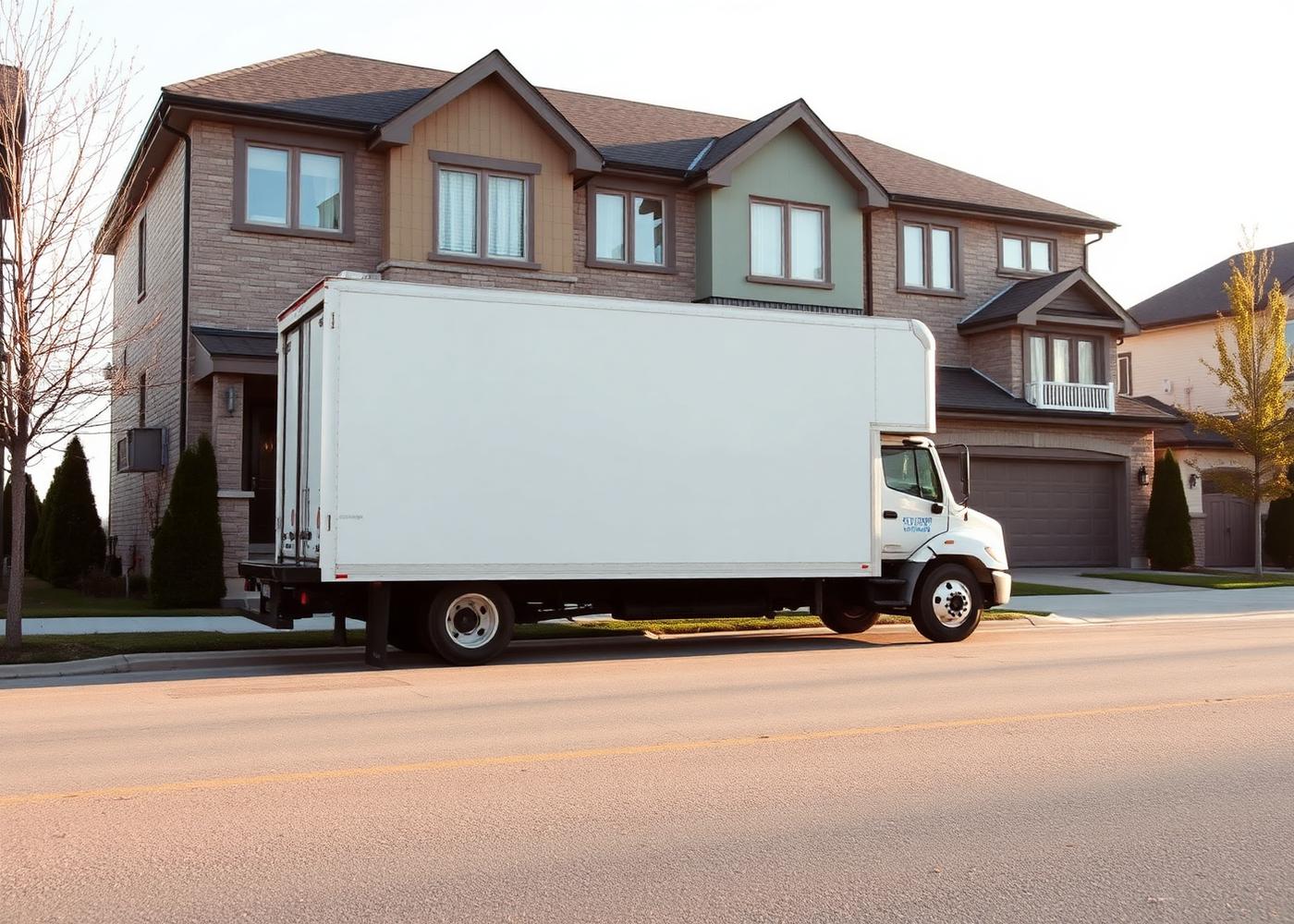 Moving truck parked on a residential street in front of an Ontario townhouse
